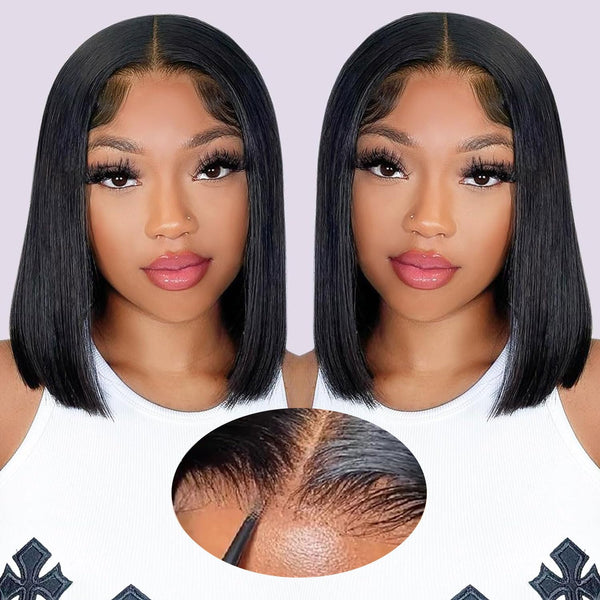 Bob Wigs Human Hair  2x6 Closure Transparent Lace Bob Bone Straight Glueless Wigs Human Hair Short Wigs Straight Wigs for Black Women Wear and Go Natural Black 200% Density 10Inch