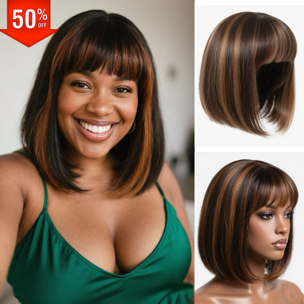 Wear and Go Realistic Glueless Yaki Straight Bob with Bangs Minimalist Lace Wig 100% Human Hair